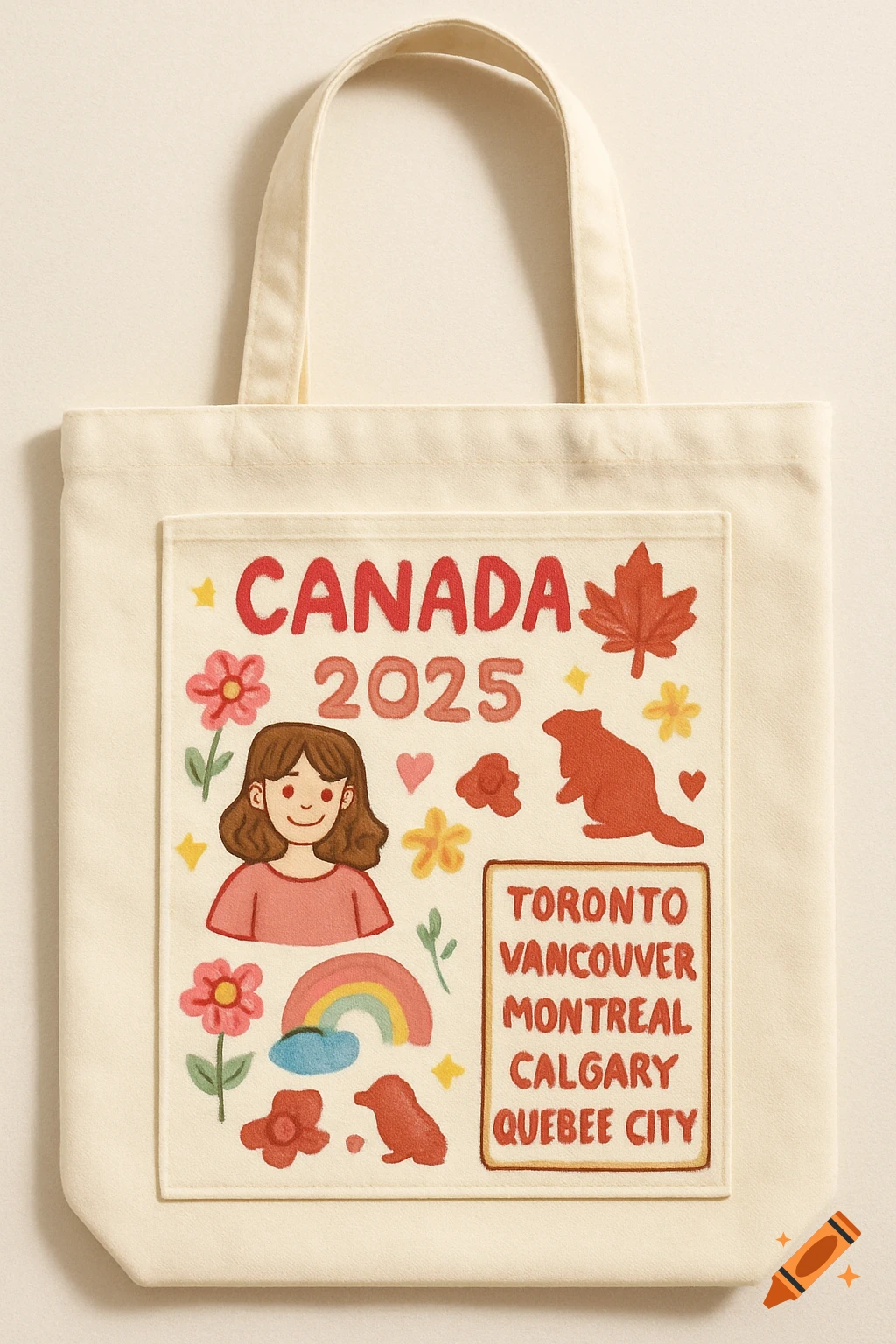 Canvas tote bag with a cute illustration design featuring a cartoon girl, Canadian symbols, 'CANADA 2025', and a list of cities.