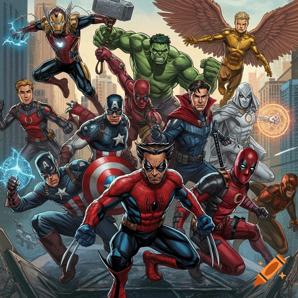 A large group of Marvel superheroes including Iron Man, Hulk, Spider-Man, Captain America, Wolverine, and Doctor Strange posing dynamically in a city.