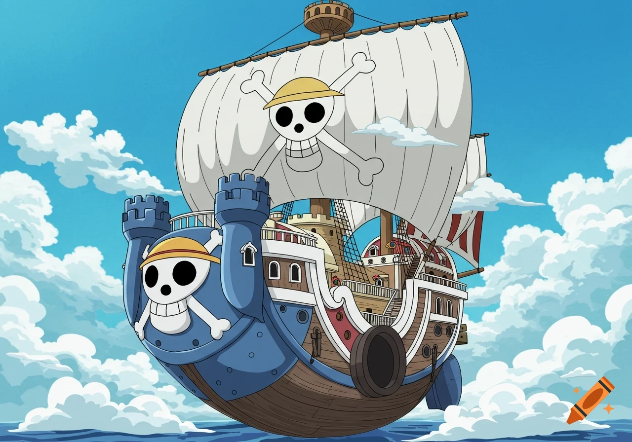Anime-style pirate ship with a castle-like front and skull flag sailing on water under a cloudy sky.
