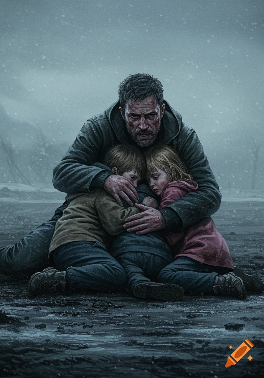 Dramatic illustration of a man protecting two small children from snow and wind.