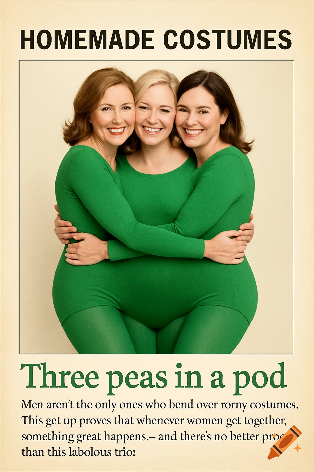 Three women in green costumes hugging tightly, appearing as one figure, under the title 'Homemade Costumes: Three peas in a pod'. Retro style.