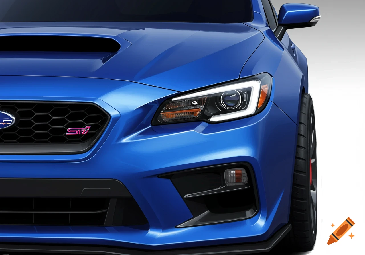 Close-up of the front corner of a blue Subaru WRX STI car