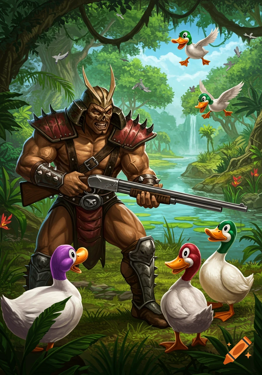 Shao Kahn character hunts cartoon ducks in a jungle landscape, video game style.