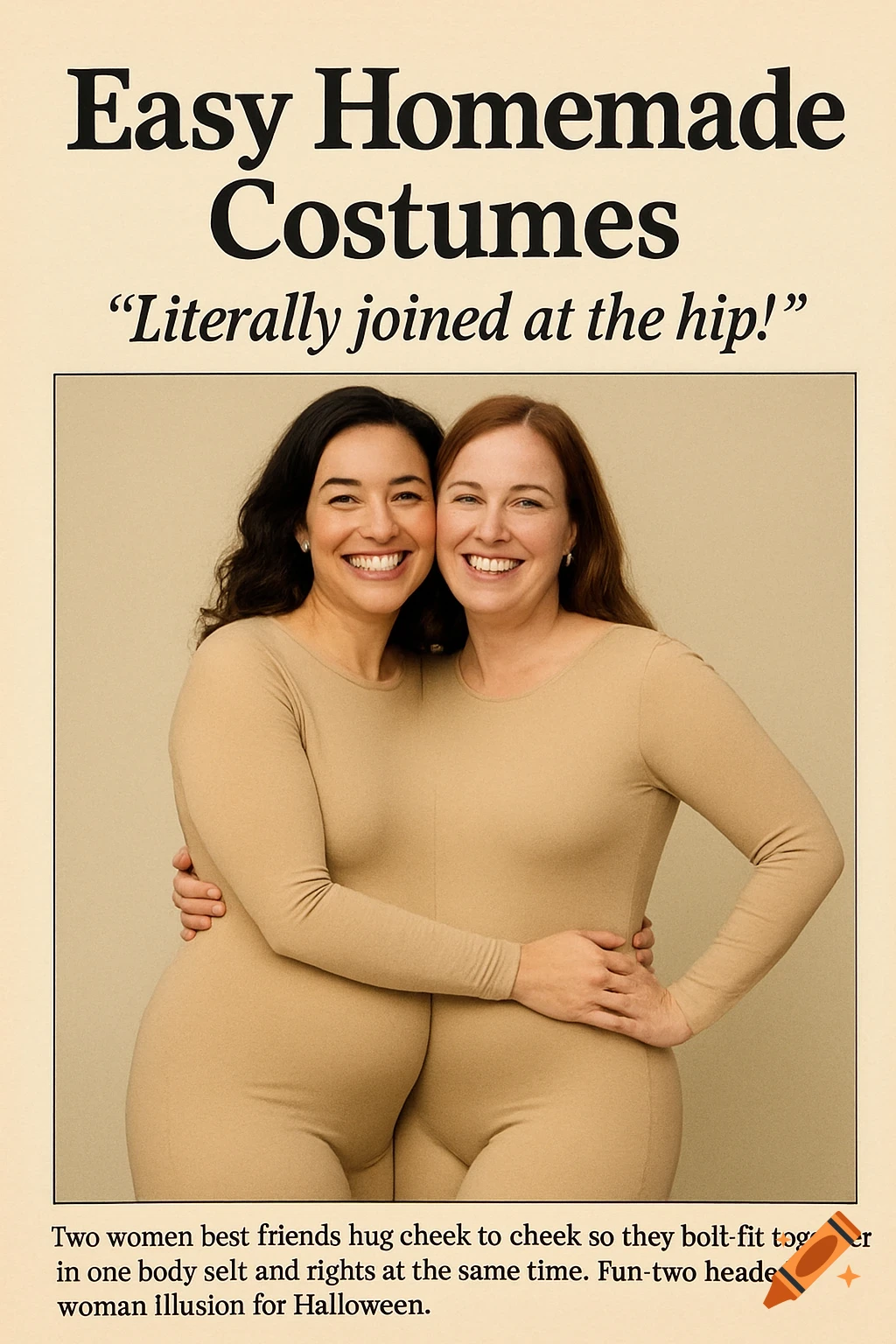 Two women in a costume forming a two-headed illusion, with text about easy homemade costumes.