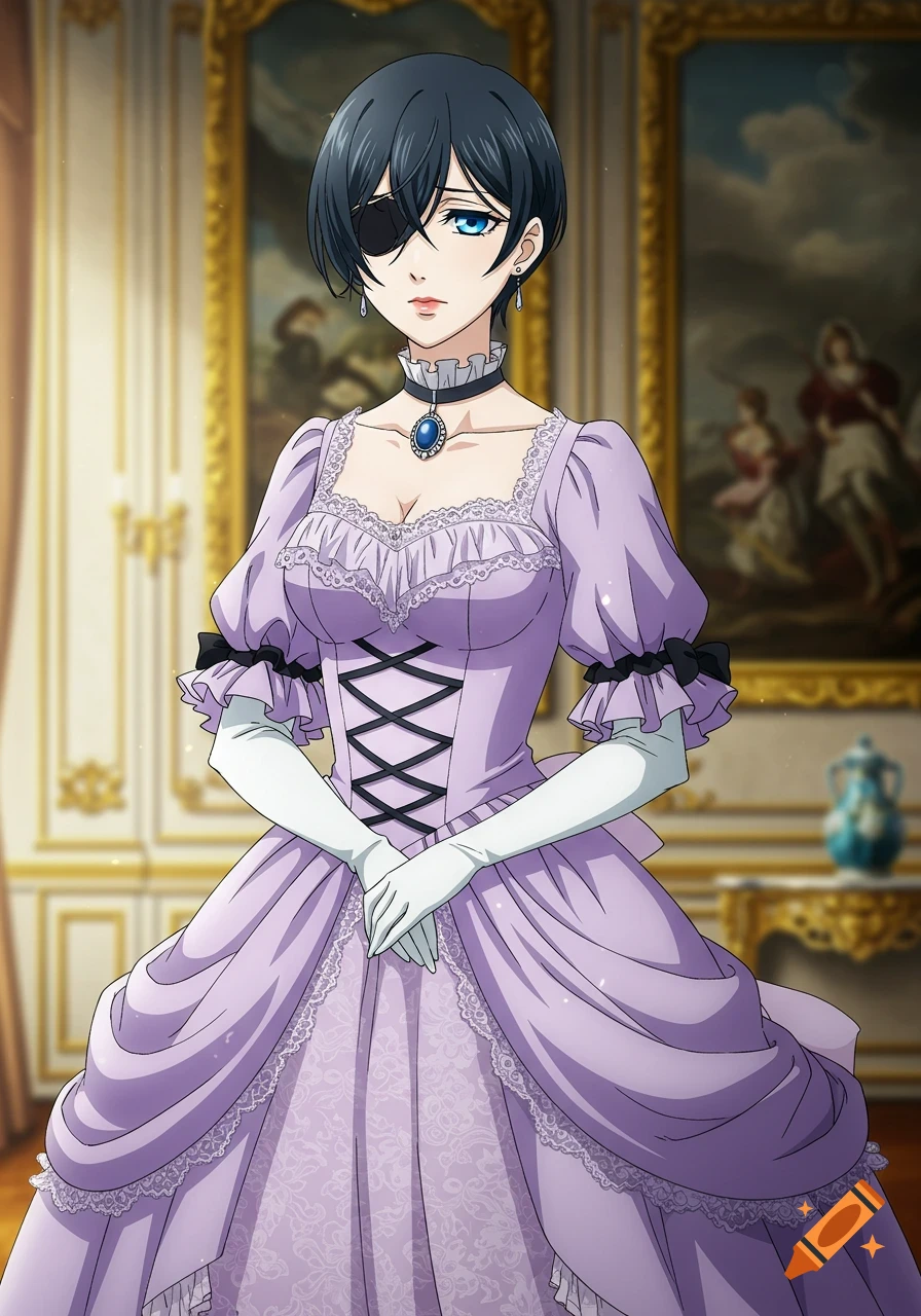 Anime woman in a purple historical ball gown with an eyepatch.