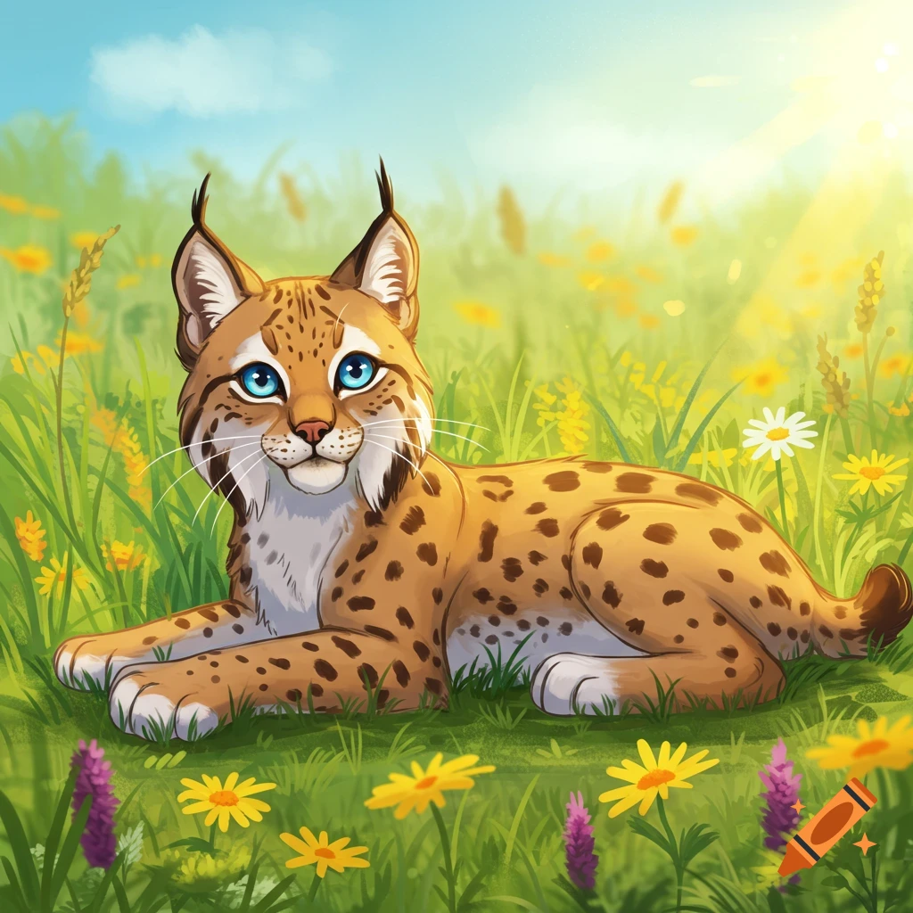 An illustrated lynx with blue eyes lies in a sunny meadow filled with yellow and purple flowers.
