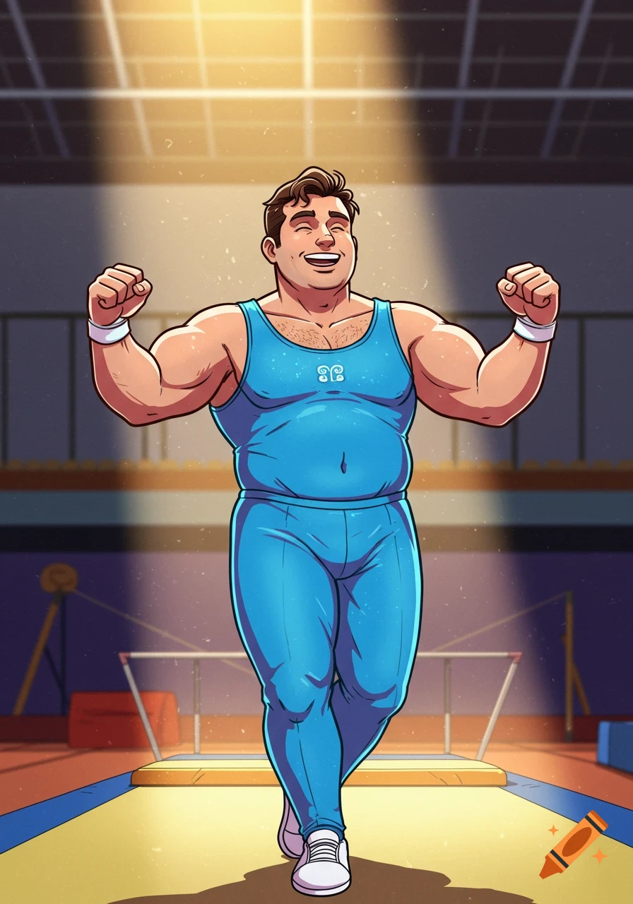 Cartoon illustration of a happy man in a blue gymnastics outfit raising his fists in victory in a gym.