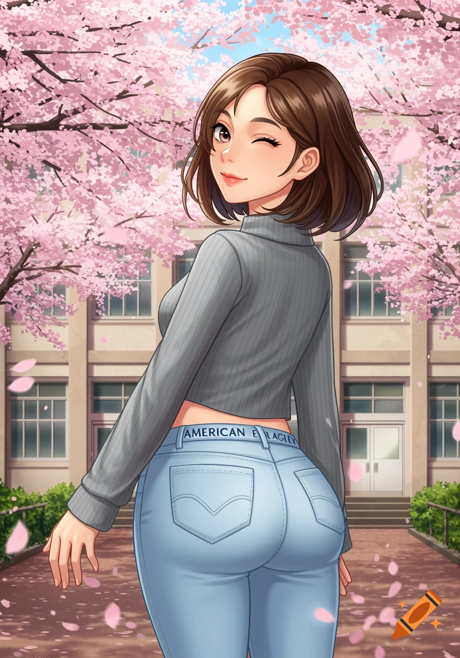 Anime girl winks over her shoulder, wearing a gray sweater and jeans, standing by a school among cherry blossoms.