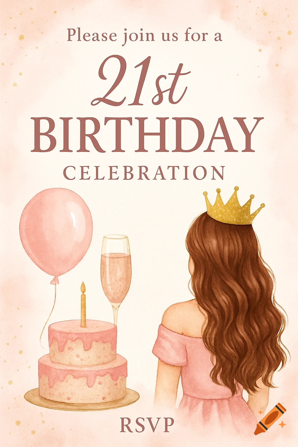 Watercolor illustration of a 21st birthday invitation with text, cake, balloon, glass of champagne, and a girl wearing a crown.