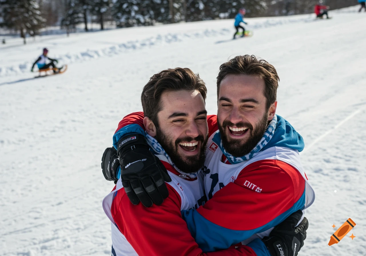 Two smiling men hug on a snowy slope during a winter event.