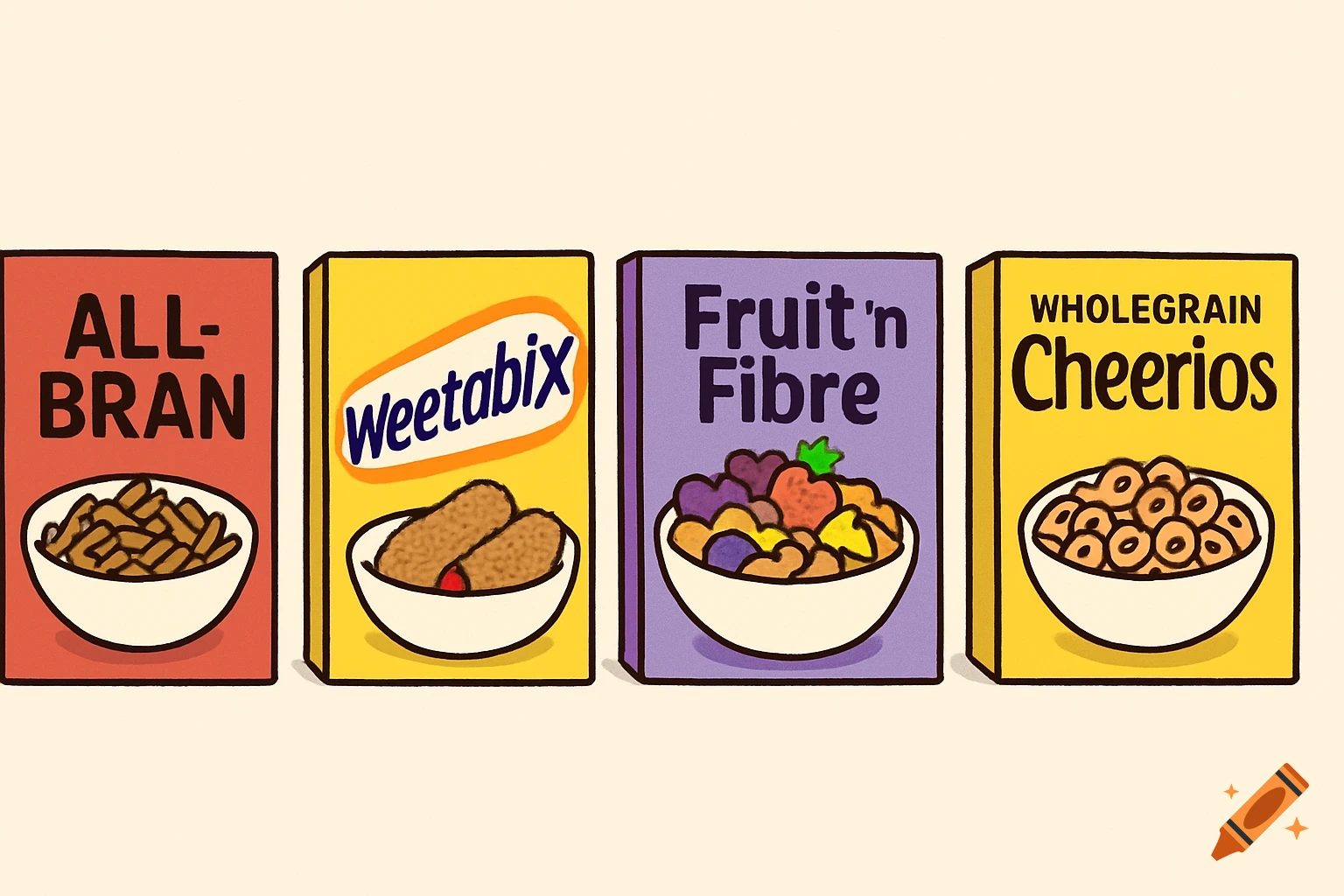 Four cartoon cereal boxes: All-Bran, Weetabix, Fruit 'n Fibre, and Cheerios, with bowls of cereal in front.