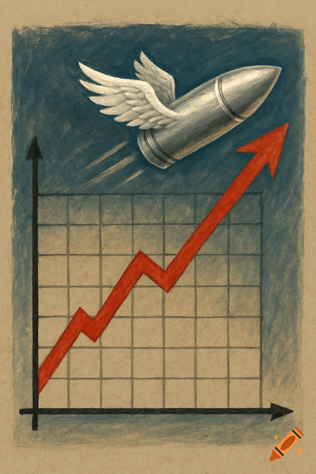 A winged bullet flies above a rising red line on a business chart, rendered in a charcoal/crayon style.