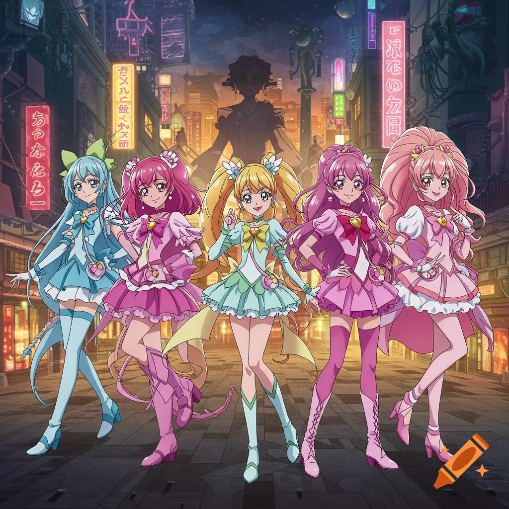 Five anime magical girls stand in a neon-lit futuristic city.