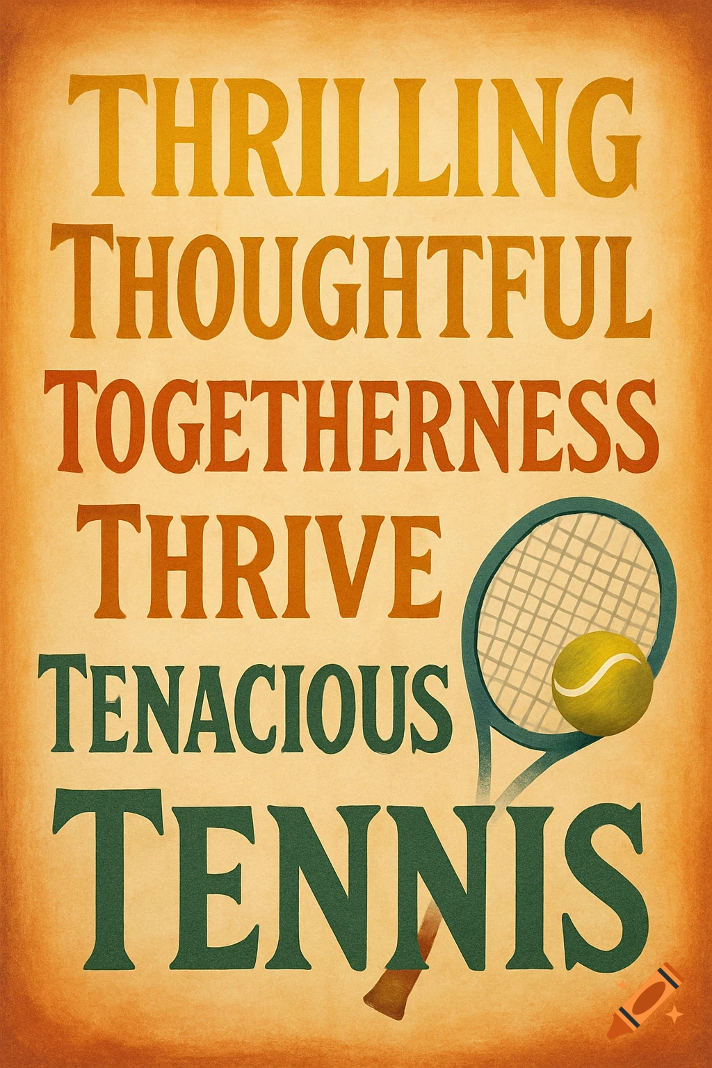A vintage style poster featuring the words "Thrilling, Thoughtful, Togetherness, Thrive, Tenacious, Tennis" with a tennis racket and ball.