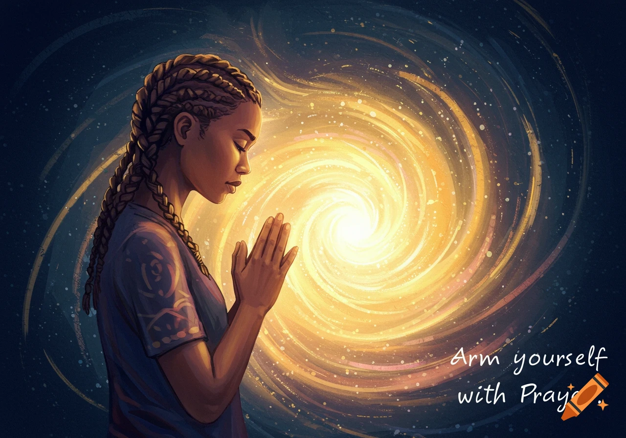 Illustration of a woman praying in front of a swirling golden light, with the text "Arm yourself with Prayer."