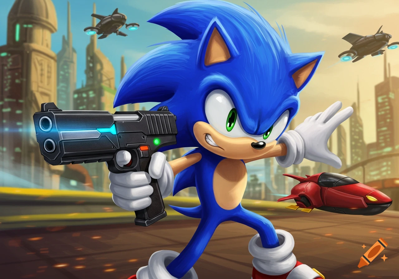Sonic the Hedgehog holds a futuristic gun and runs in a sci-fi city.