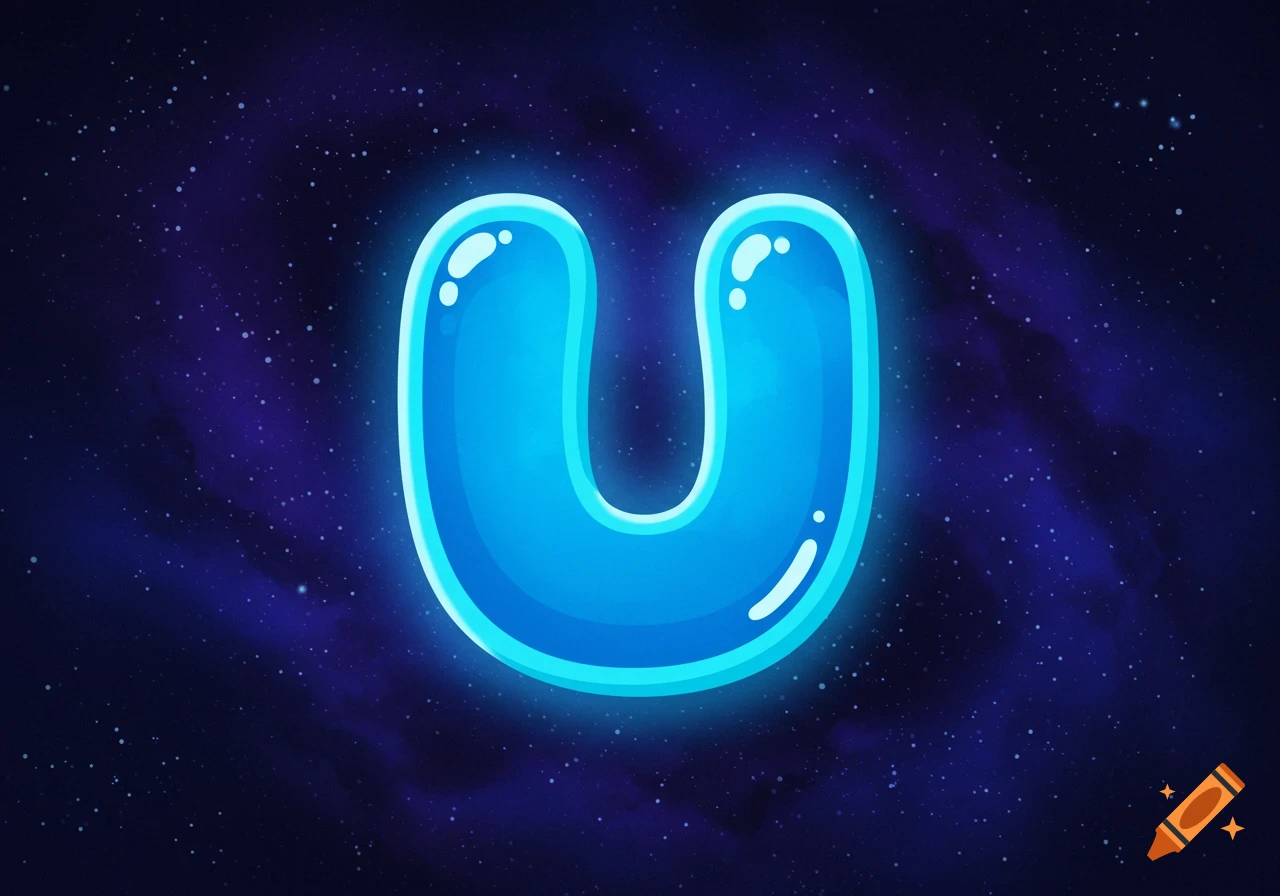 A shiny blue letter U floats in a starry space background.
