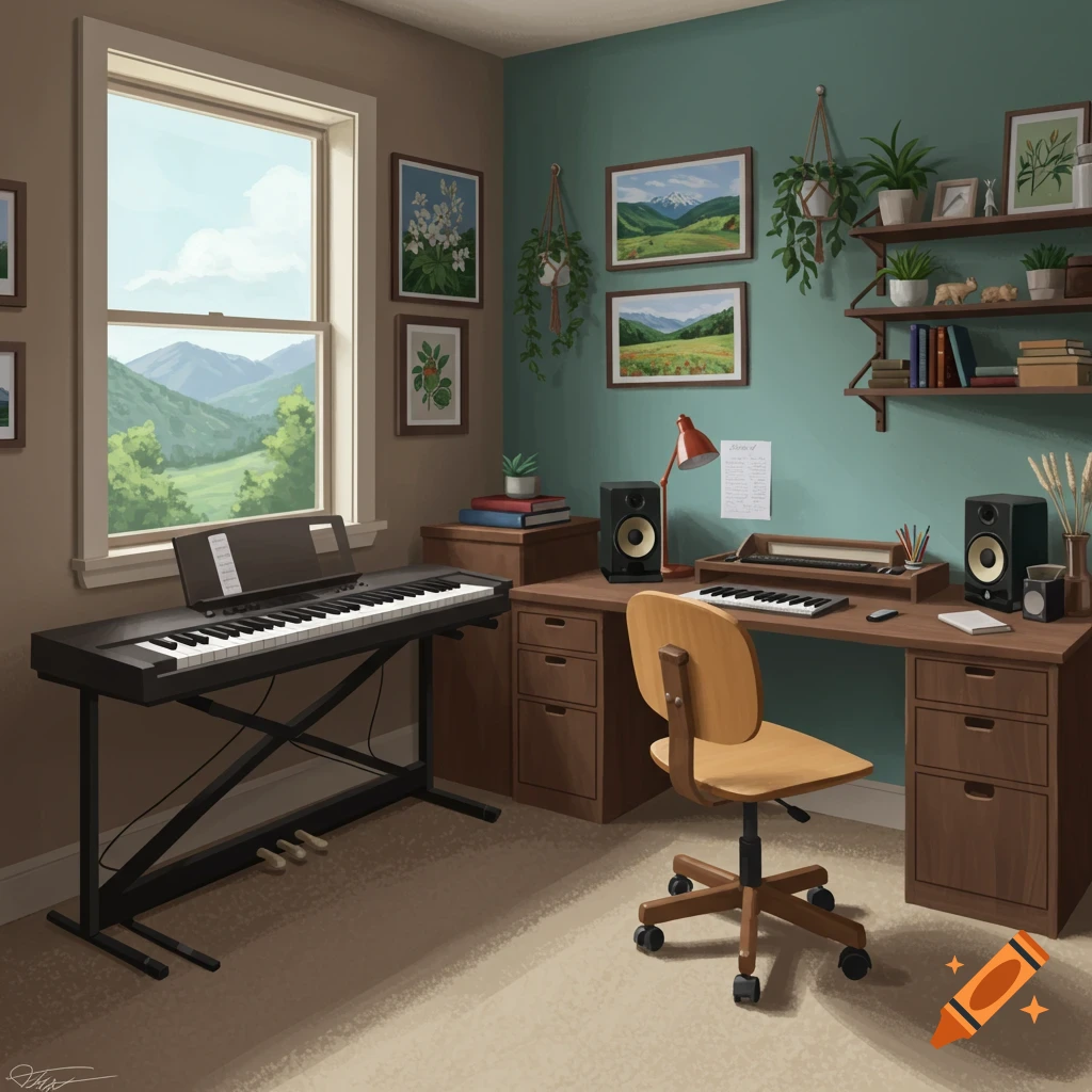 A bright room with a piano, desk, chair, shelves, plants, and framed artwork, featuring a window view of mountains.