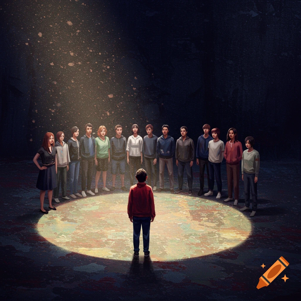 A single person stands outside a circle of people in a dramatic spotlight.