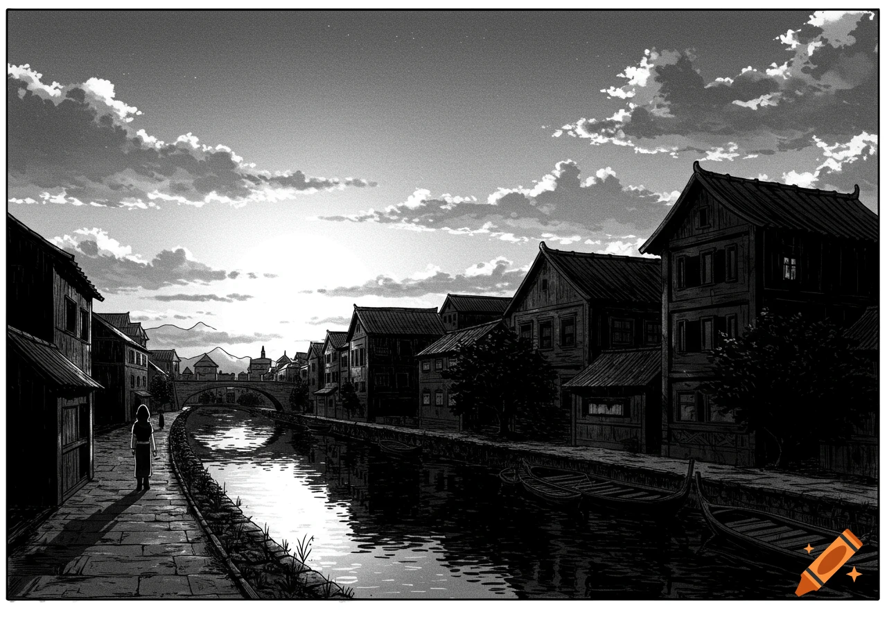 Black and white illustration of a town along a river at sunset, manga ...