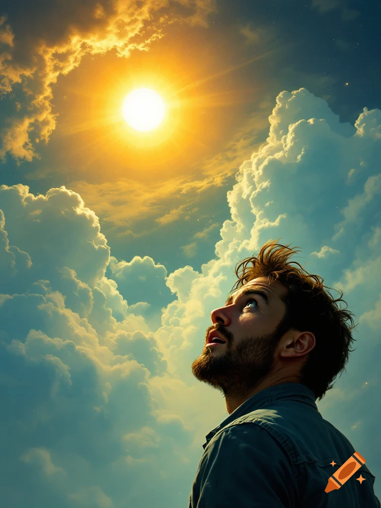 A man looks up at a bright sun in a dramatic cloudy sky.