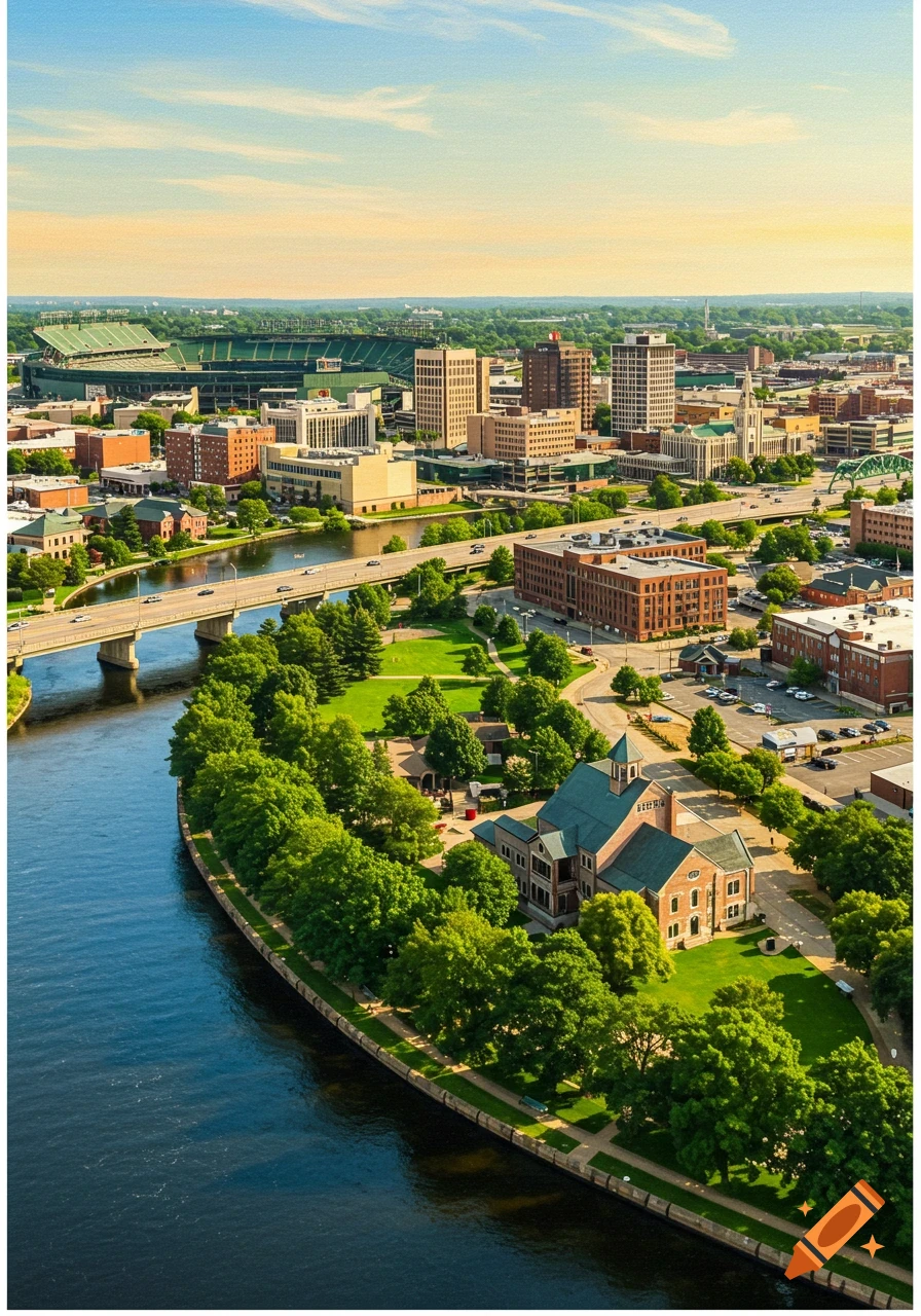 Aerial view of a cityscape along a river with bridges, buildings, a park, and a stadium.