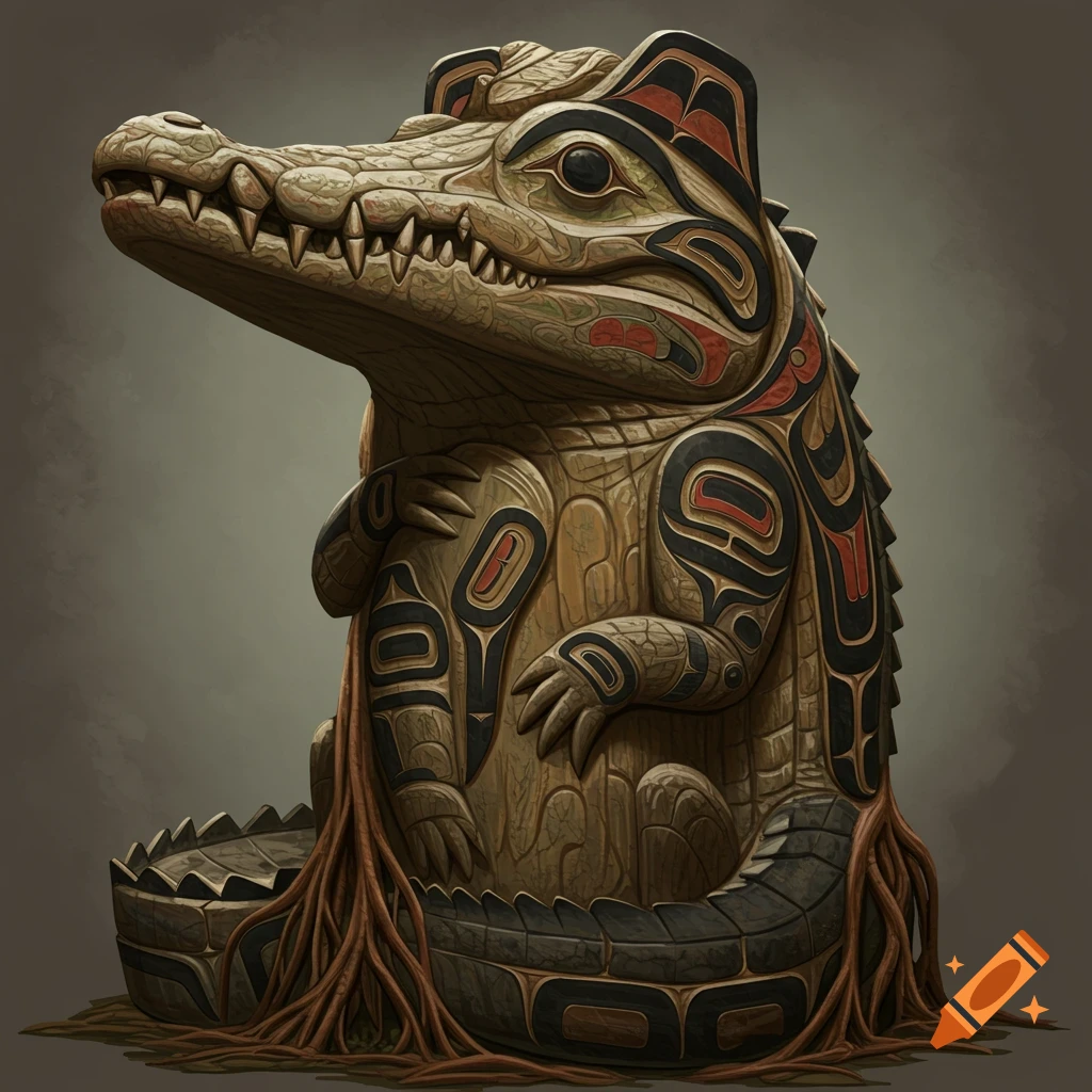 A statue of a crocodile in Indigenous Pacific Northwest Coast art style.