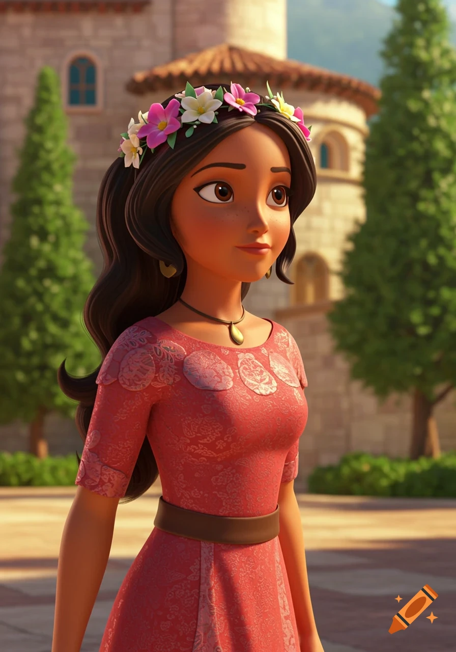 3D animation of Elena of Avalor in a pink dress and flower crown on Craiyon