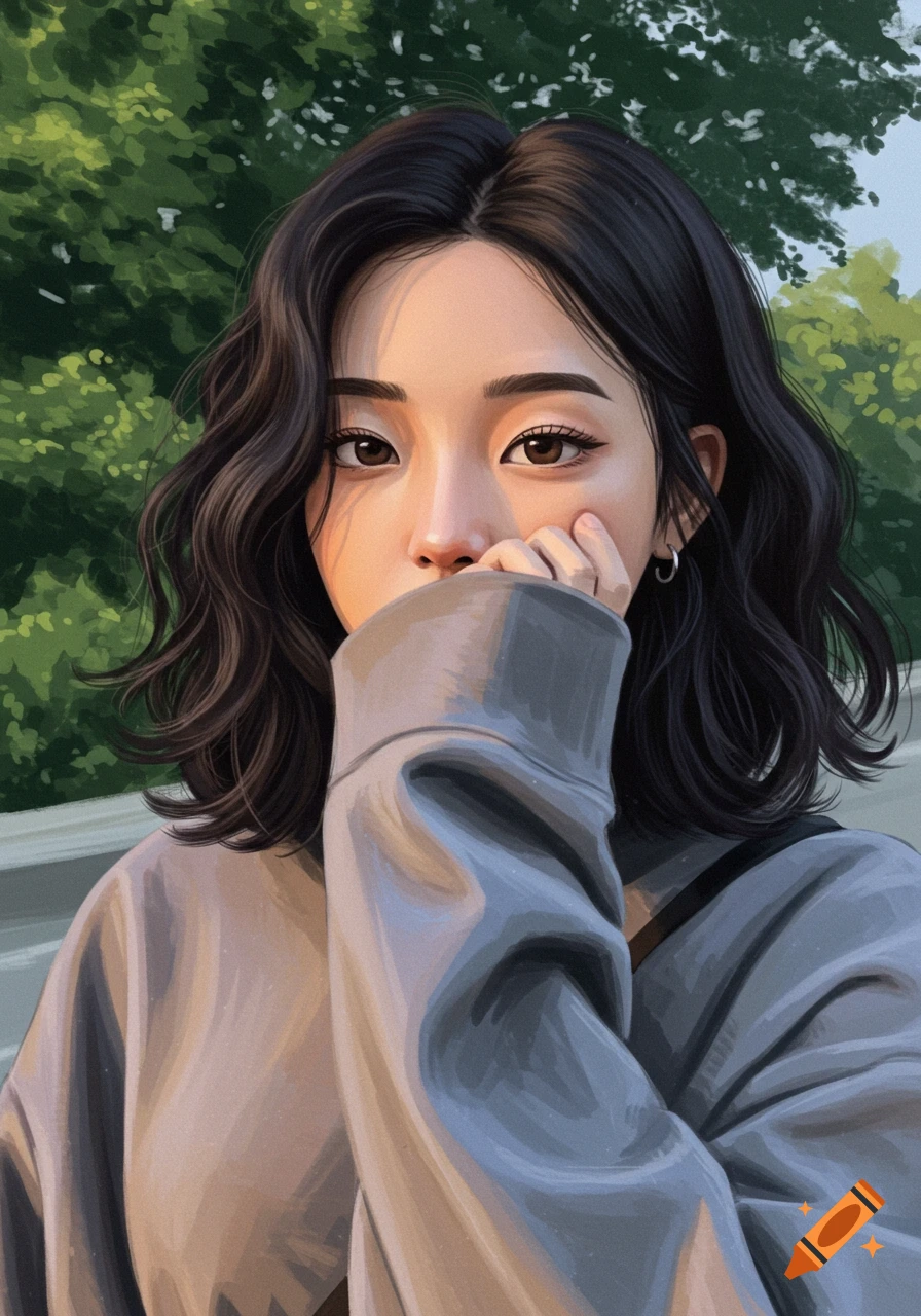 Illustration of a young woman outdoors, partially covering her face, with short dark wavy hair.