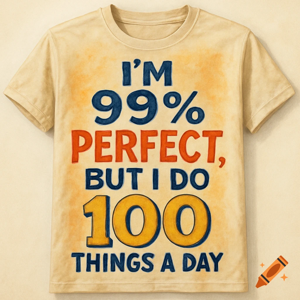 A t-shirt with the text 'I'm 99% perfect, but I do 100 things a day'.