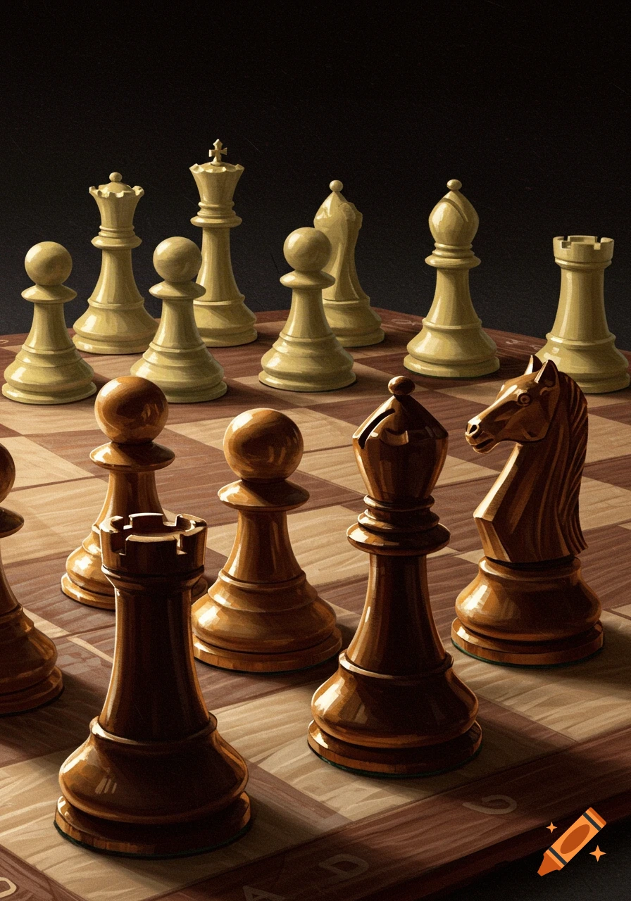 Close-up view of brown and light chess pieces on a wooden board, dramatically lit.