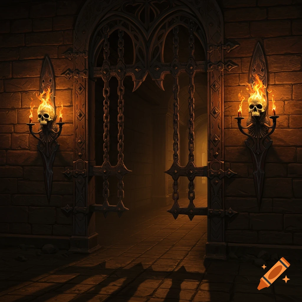A dungeon gate with heavy chains, flanked by stone walls and sconces holding flaming skulls.