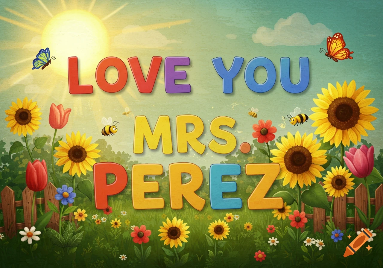 Colorful text "Love You Mrs. Perez" in a bright, sunny garden scene with sunflowers, tulips, bees, and butterflies.