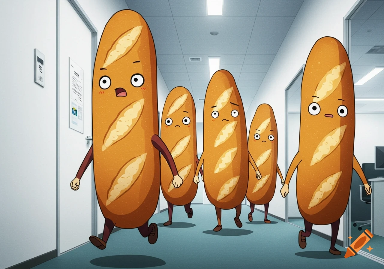 Five cartoon baguettes with arms and legs walk down an office hallway in anime style.