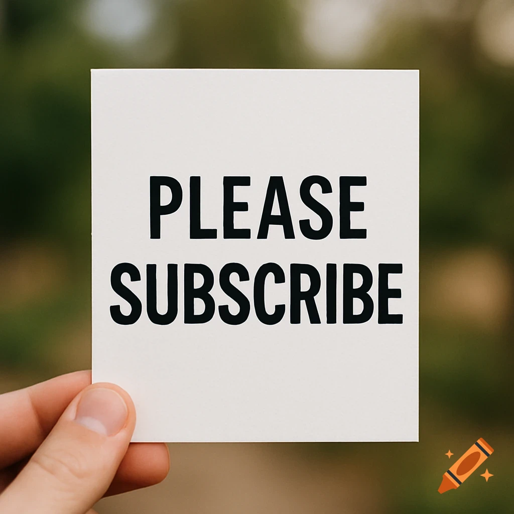 A hand holds a white card with the words "PLEASE SUBSCRIBE" written in black.