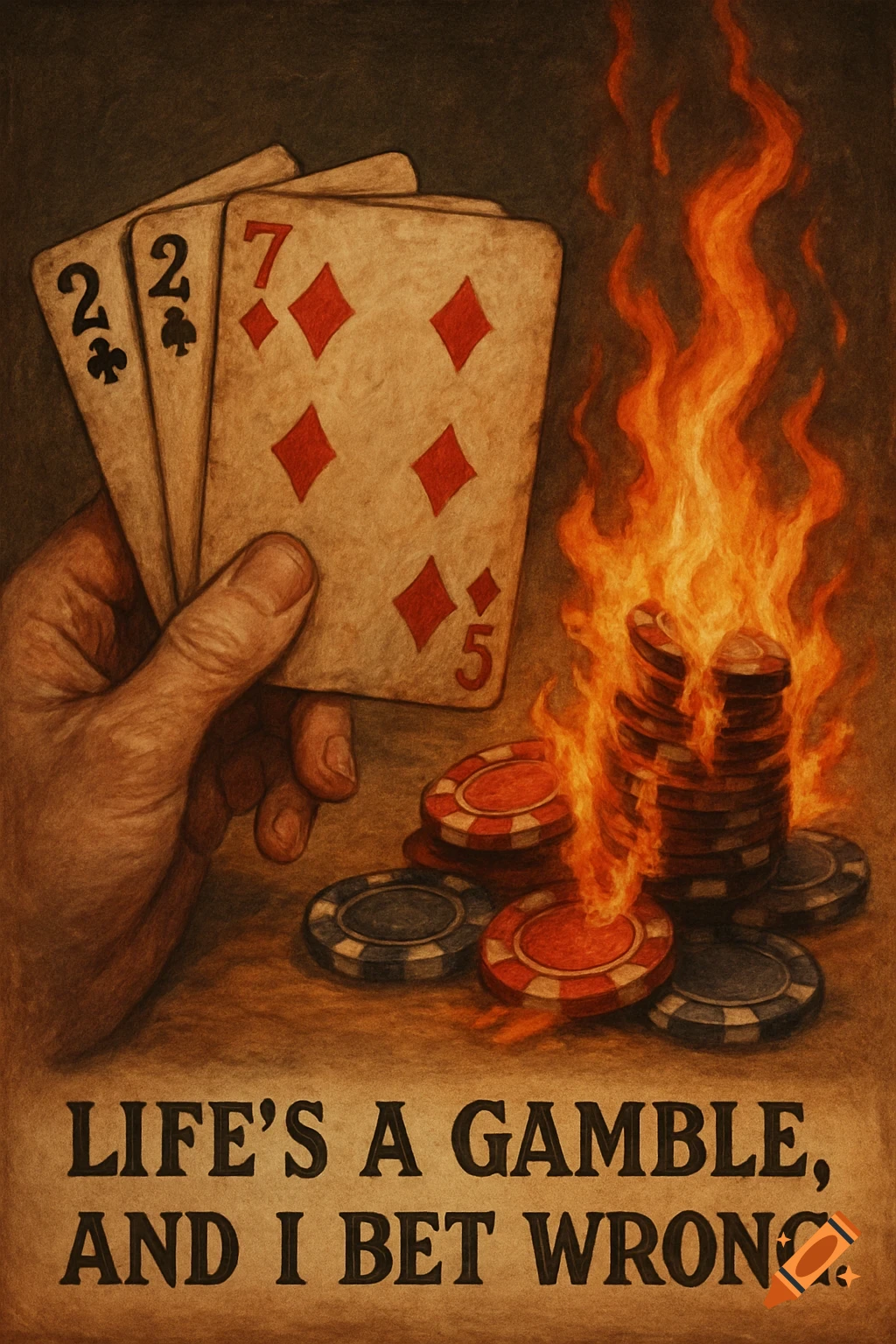 Illustration of a hand holding a bad poker hand (two 2s, one 7) next to burning poker chips, with text 'Life's a gamble, and I bet wrong.'