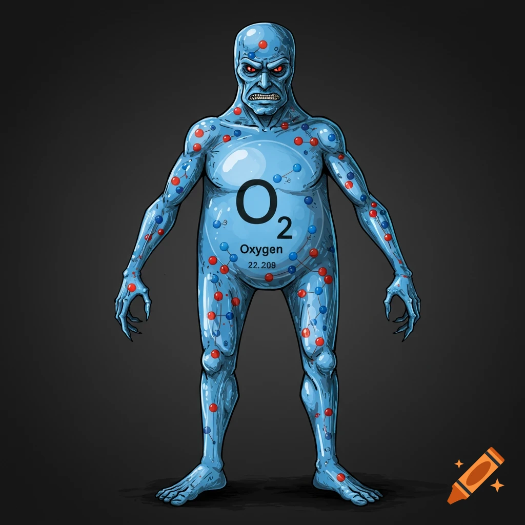A drawing of a blue, human-like villain figure with red eyes and claws, covered in red and blue balls connected by lines, with 'O₂ Oxygen 22.209' on its chest.