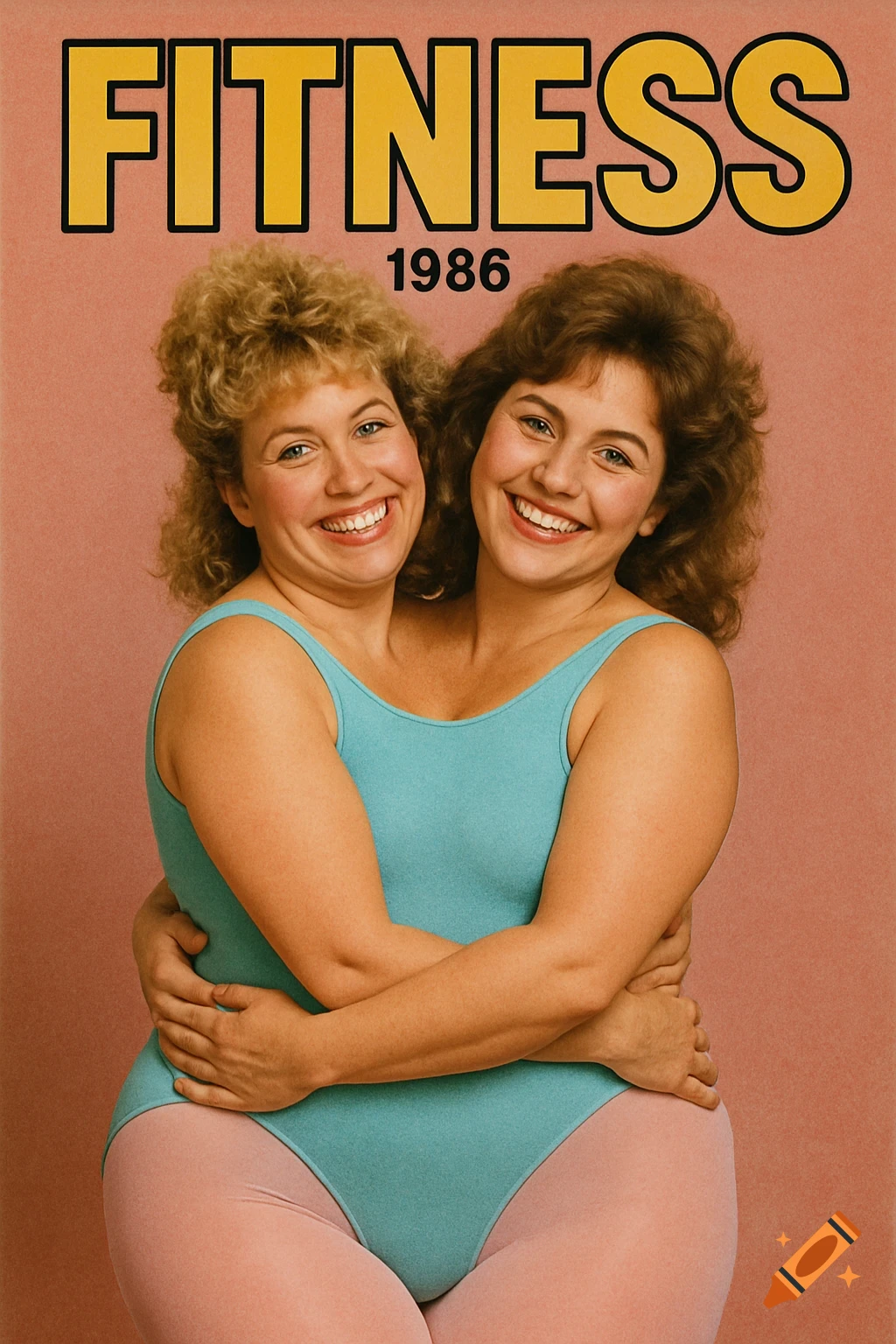Vintage fitness magazine cover with two smiling women embracing, creating a fused illusion, wearing leotards and tights. Title 'FITNESS 1986'.