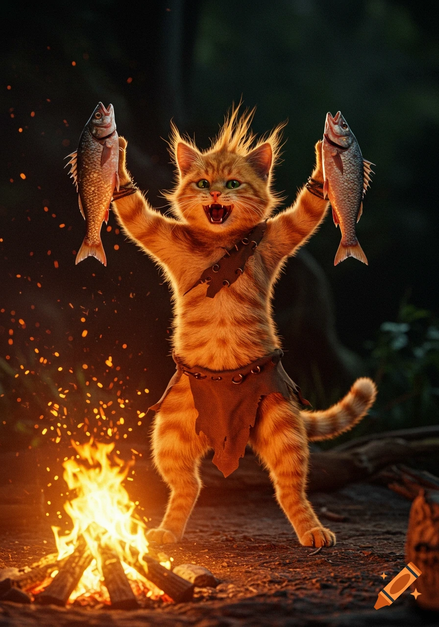 Triumphant orange tabby cat holding two fish above its head, standing by a campfire.
