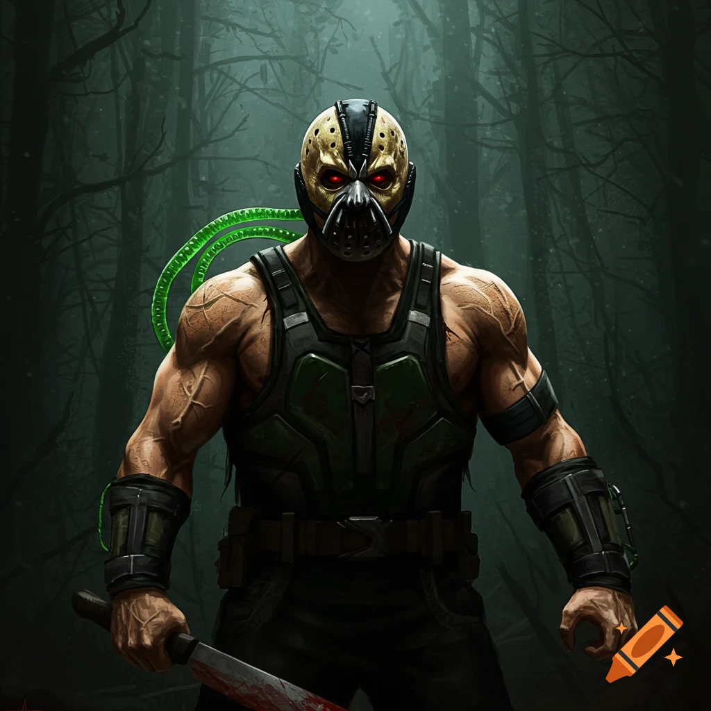 A muscular figure wearing a Bane-like mask mixed with a hockey mask stands in a dark forest, holding a bloody machete.
