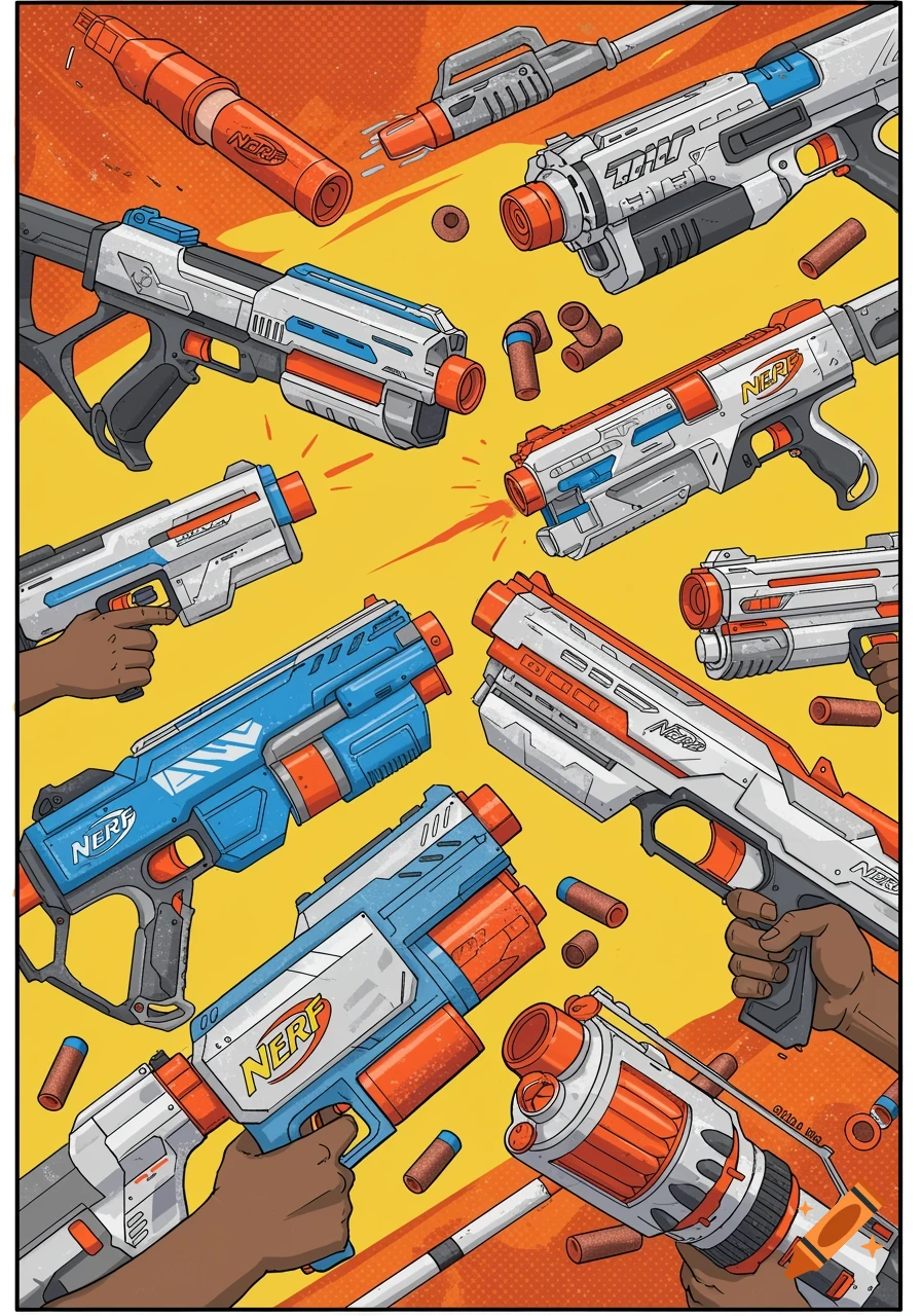 Multiple toy Nerf guns and hands holding them in a stylized illustration.