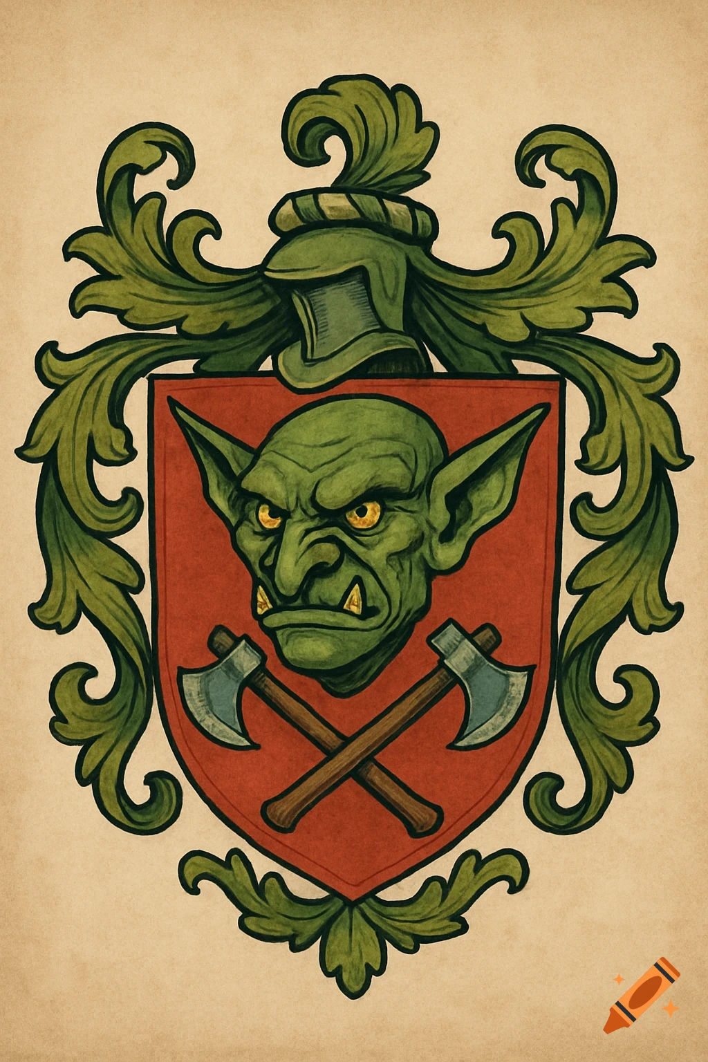 A painted family crest features a green goblin head on a red shield with crossed axes, framed by green foliage.
