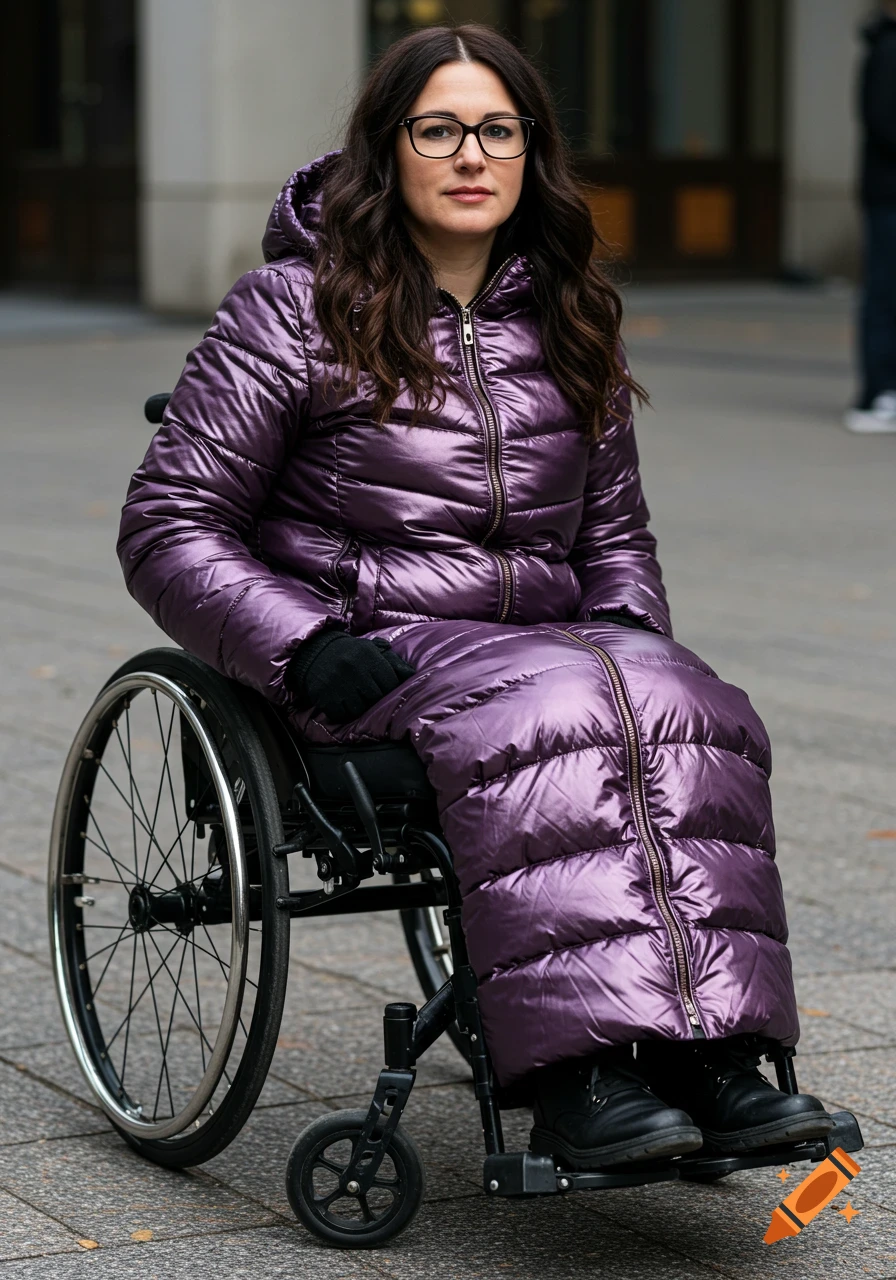 A woman in a wheelchair wearing a shiny purple coat and glasses outdoors.