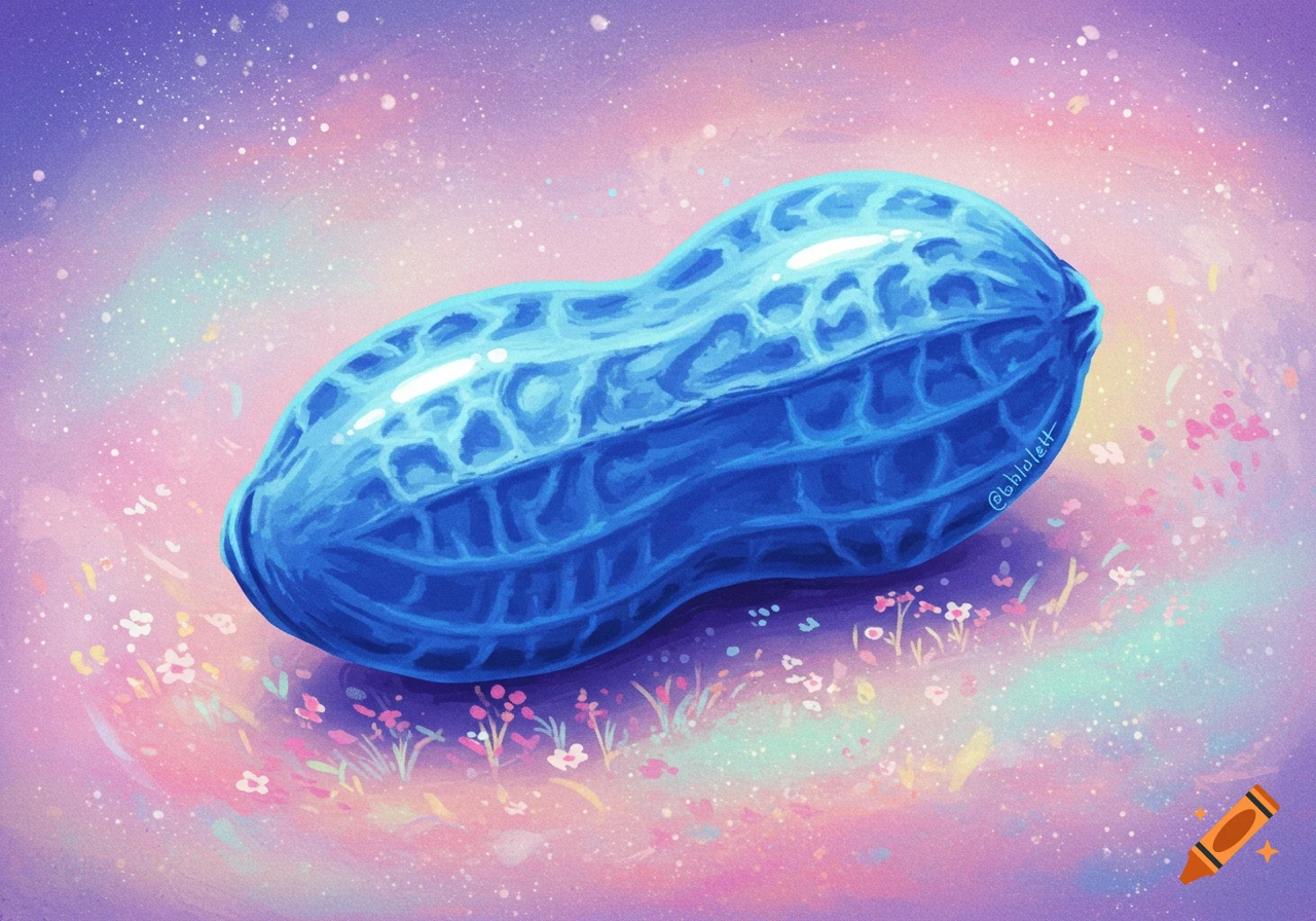 A bright blue peanut illustrated against a dreamy, starry purple and pink background.