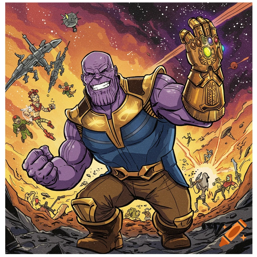 Cartoon style illustration of Thanos with the Infinity Gauntlet, surrounded by a space battle scene.