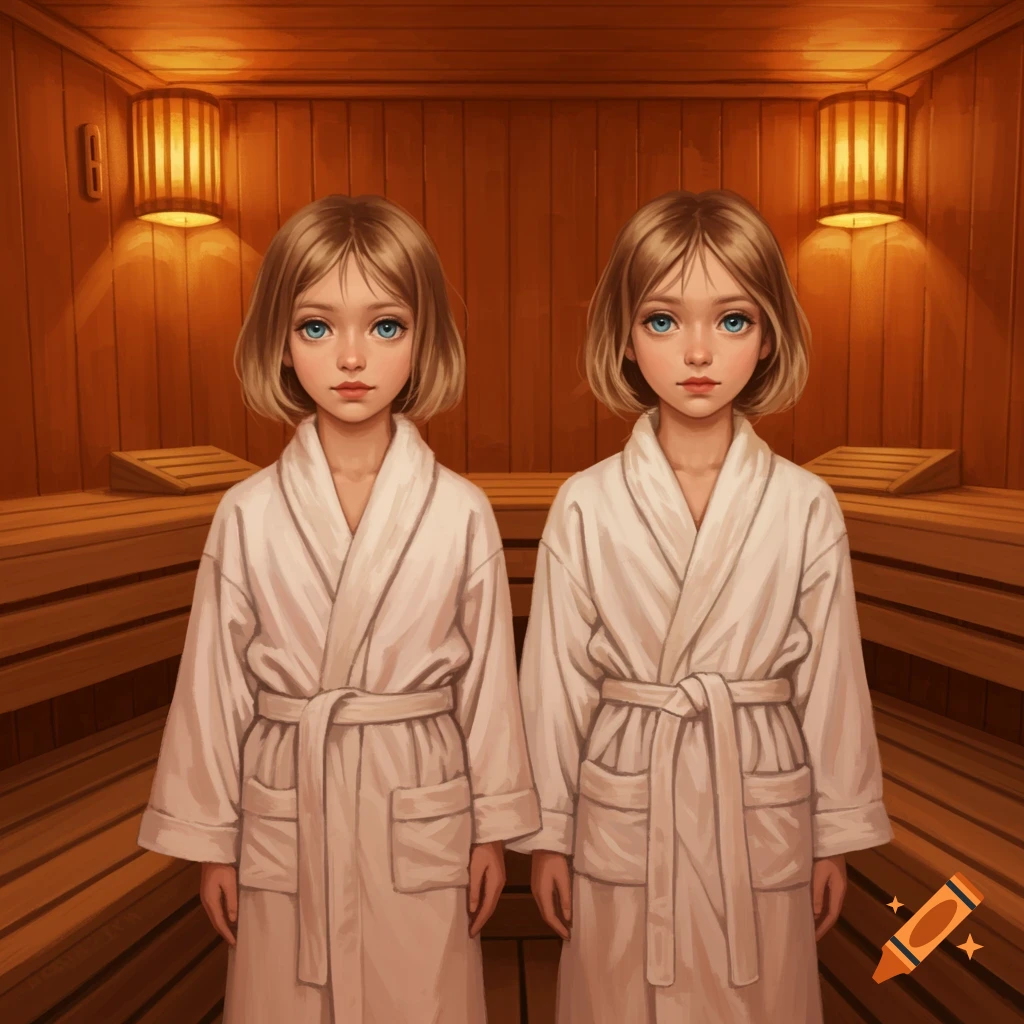 Two young girls in bathrobes stand in a sauna