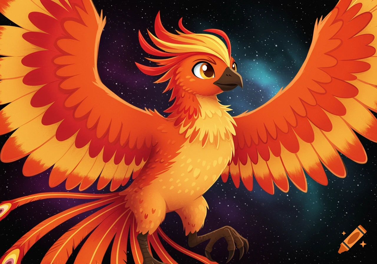 A cartoon phoenix flies through space.