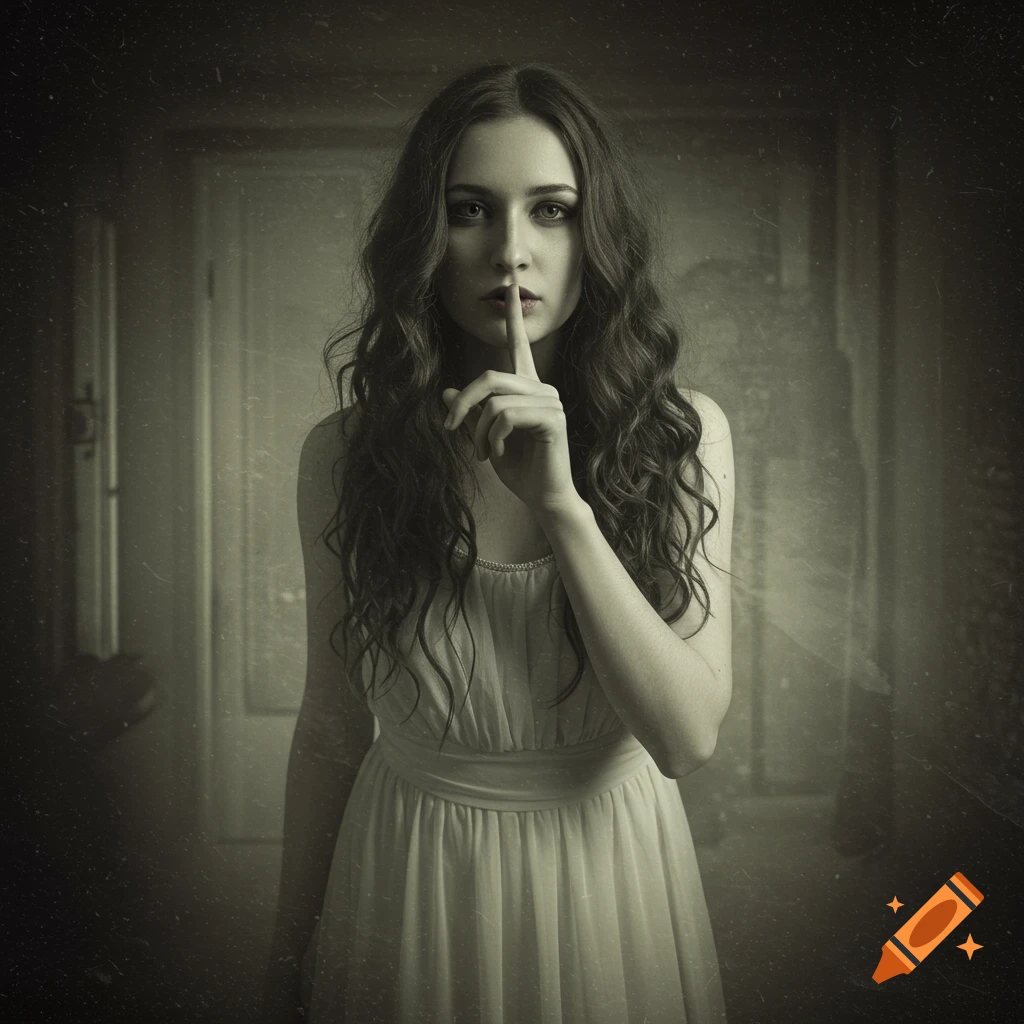 A woman with long dark hair makes a shushing gesture with a finger on her lips in a spooky, vintage-filtered room.