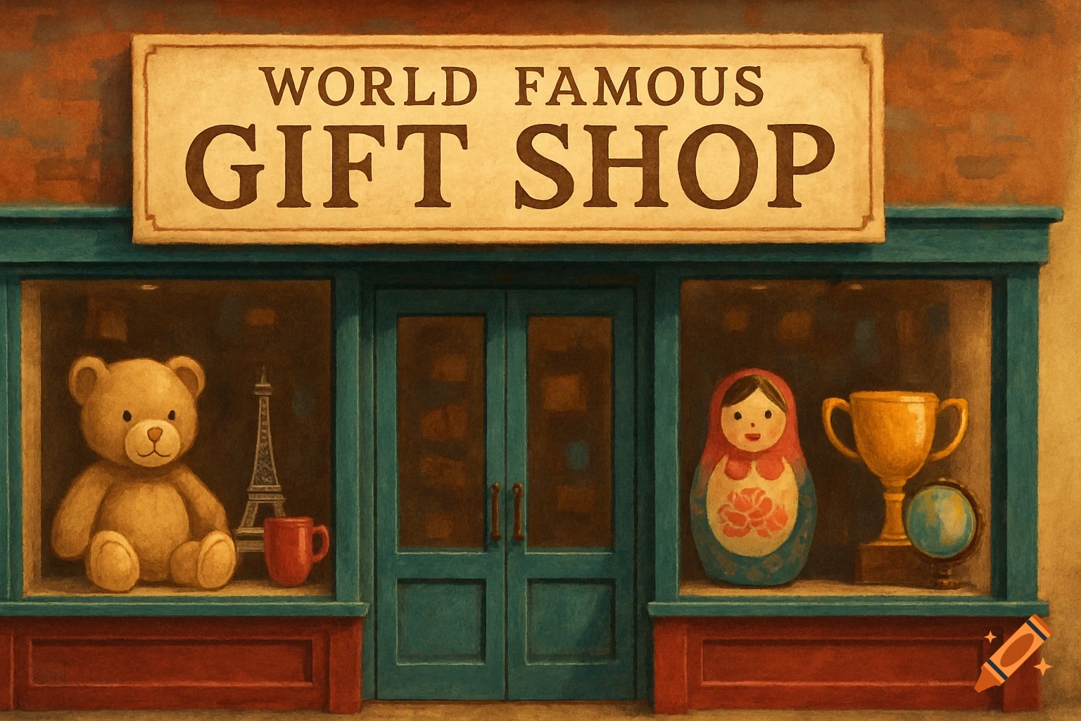 Illustration of a 'World Famous Gift Shop' storefront with a teddy bear, nesting doll, and trophy in the windows.