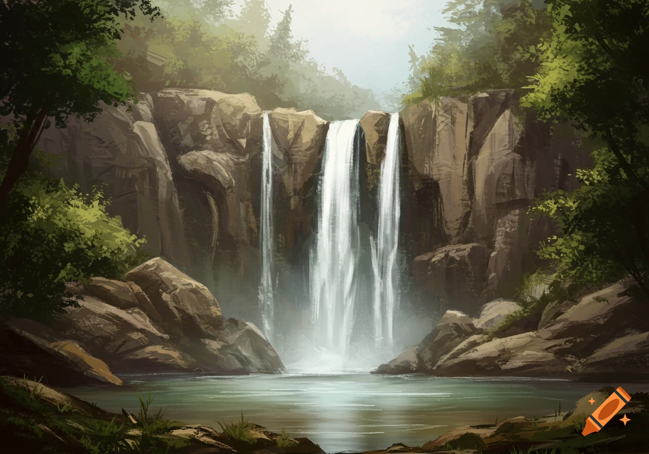 Tonal oil painting of a multi-stream waterfall in a forest with rocks and a pool.